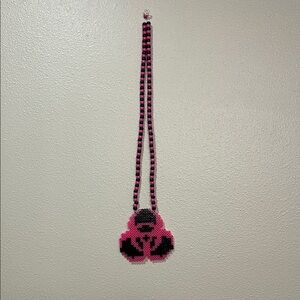 Handmade Pink Biohazard Perler Rave Beaded Necklace